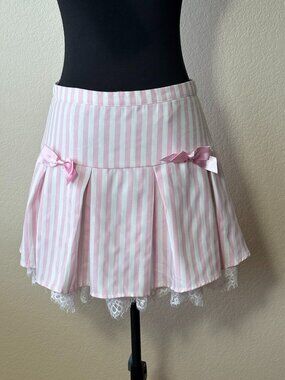 Sweet Society Pink White Striped Coquette Mini Skirt M Lace Bows